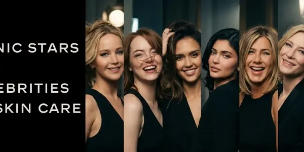 Group of smiling women in black outfits against a dark background, exuding elegance and confidence. Text reads 'Iconic stars and celebrities on skin care