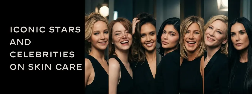 Group of smiling women in black outfits against a dark background, exuding elegance and confidence. Text reads 'Iconic stars and celebrities on skin care
