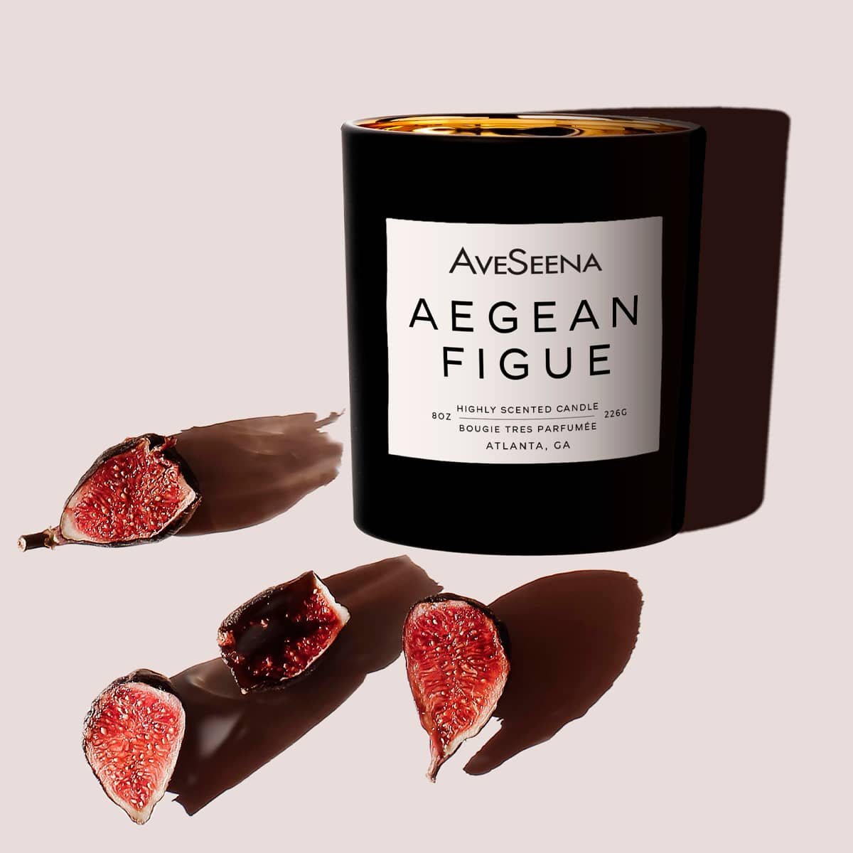 wellness candle AveSeena Aegean Figue highly scented candle in black container, emphasizing fig fragrance and luxurious design.