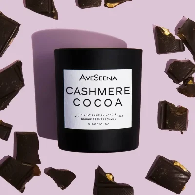AveSeena Cashmere Cocoa candle, 8 oz, highly scented, luxurious black container, designed for relaxation and self-care.