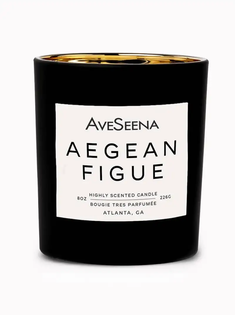Wellness candle AveSeena Aegean Figue highly scented candle in black container.