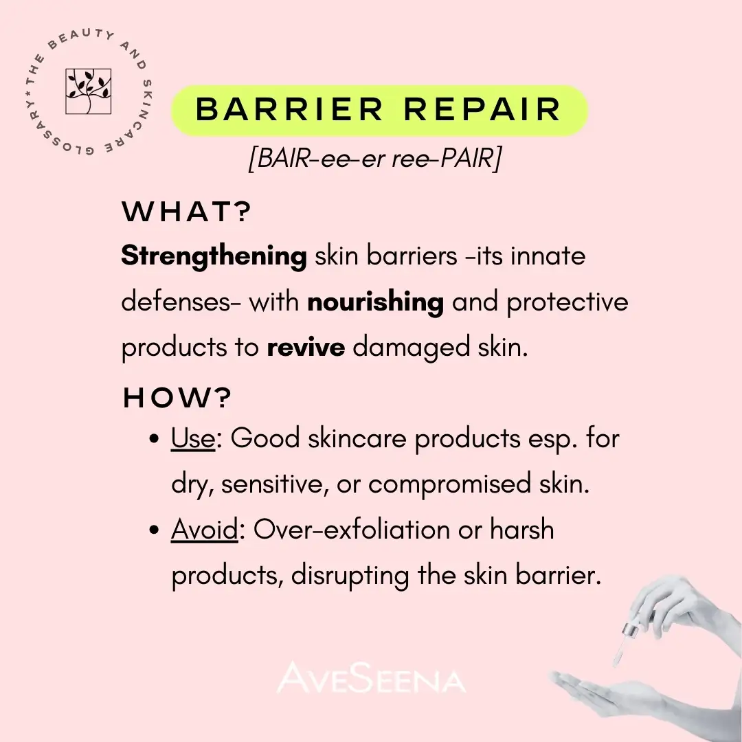 Barrier repair concept illustration featuring text on strengthening skin barriers with nourishing products, highlighting protection and revival for damaged skin, aligned with AveSeena's skincare philosophy