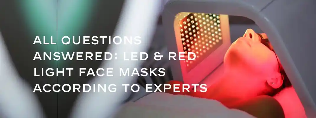 LED light therapy session with a woman using a red light face mask, showcasing skincare technology for rejuvenation and signs inflammaging and inflammation reduction.