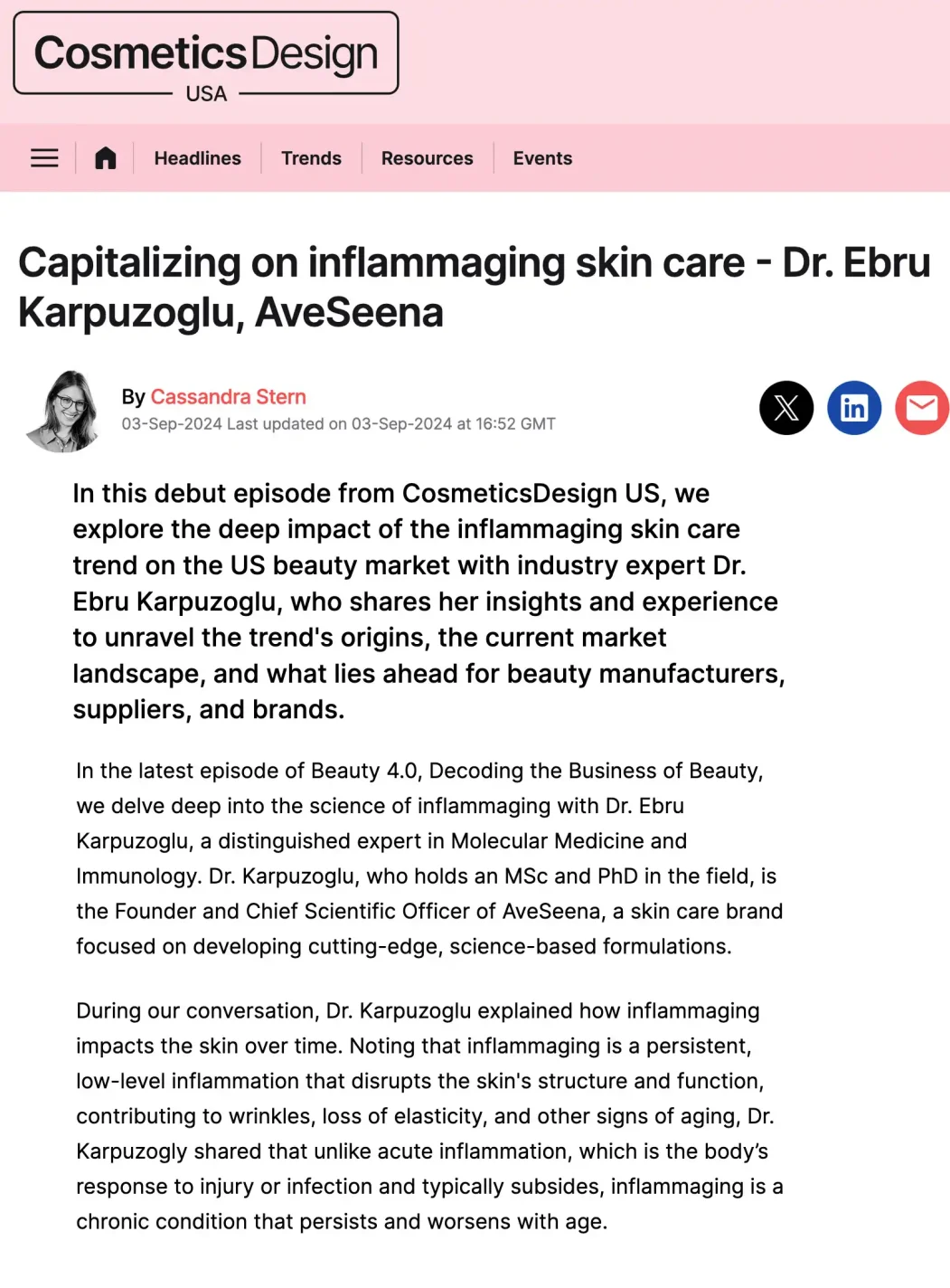 Cosmeticdesignaveseenapodcast COSMETIC DESIGN featuring Dr. Ebru discussing skincare innovations at AveSeena, focusing on signs of inflammaging and skin wellness in a podcast setting.