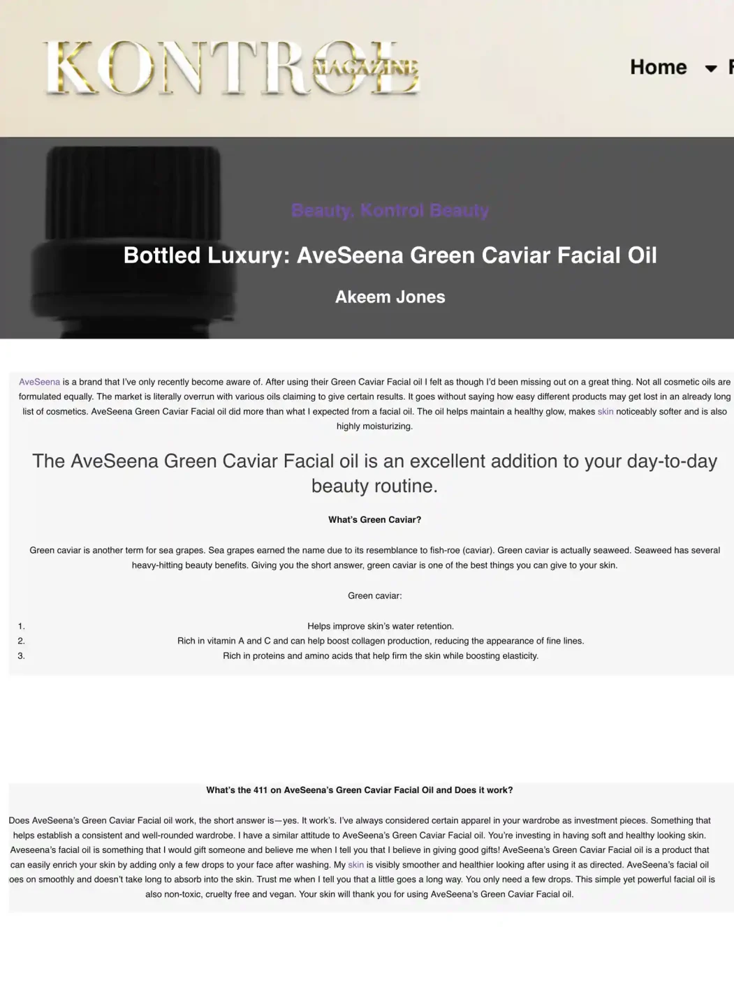 KONTROLAVESEENA KONTROL MAGAZINE featuring AveSeena Green Caviar Facial Oil bottle on a reflective surface, emphasizing luxury skincare and anti-aging benefits, aligned with brand's focus on signs of inflammaging and skin health.