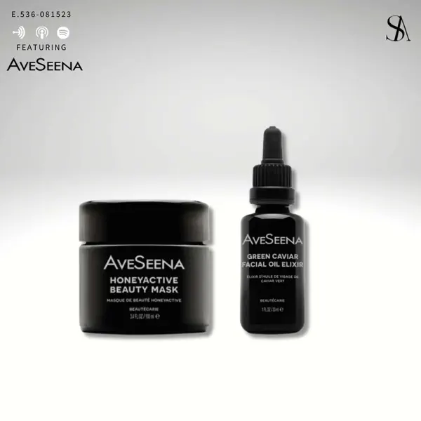 SKINcare anarchy 600x600bb Skincare Anarchy podcast with Dr Ekta features AveSeena skincare products: Honeyactive Beauty Mask and Green Caviar Facial Oil Elixir, featured on a minimalist background, emphasizing anti-inflammatory skincare solutions.