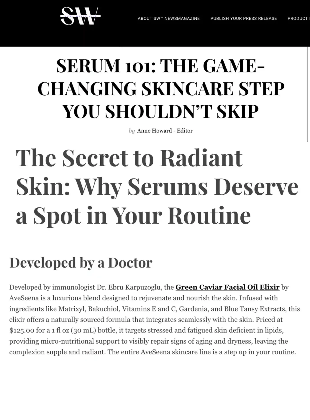 SWaveseena SW MAGAZINE talks about Micro Algae Immun B3 serum as the best serum developed by a doctor for skincare addressing signs of inflammaging and aging.