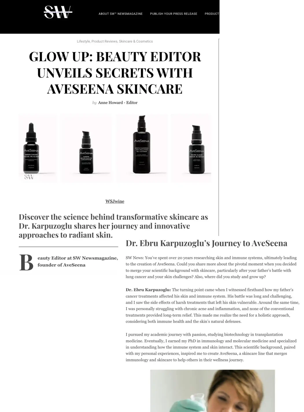 SWaveseena2 Four AveSeena skincare products displayed in sleek black bottles, emphasizing the brand's focus on innovative and clean ingredients for skincare addressing signs of inflammaging and aging.