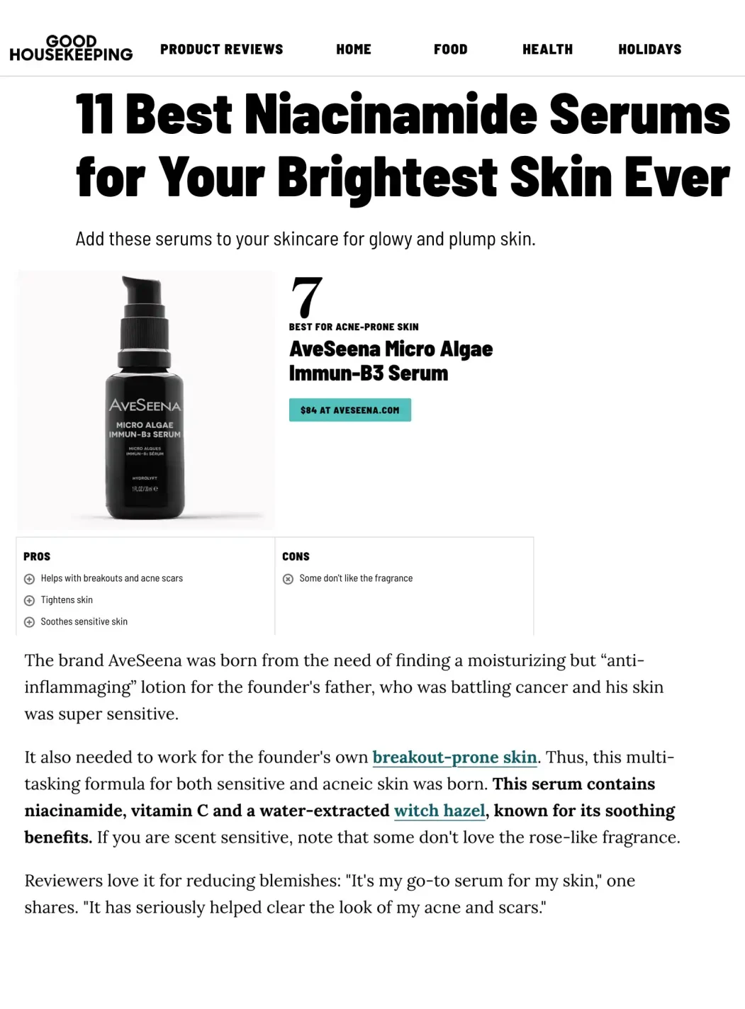 goodhousekeepingaveseena good housekeeping features AveSeena serum as best serum and AveSeena Micro Algae Immun-B3 Serum bottle featured in a product review for skincare targeting the appearance of acne-prone and sensitive skin, highlighting benefits of niacinamide and soothing ingredients.