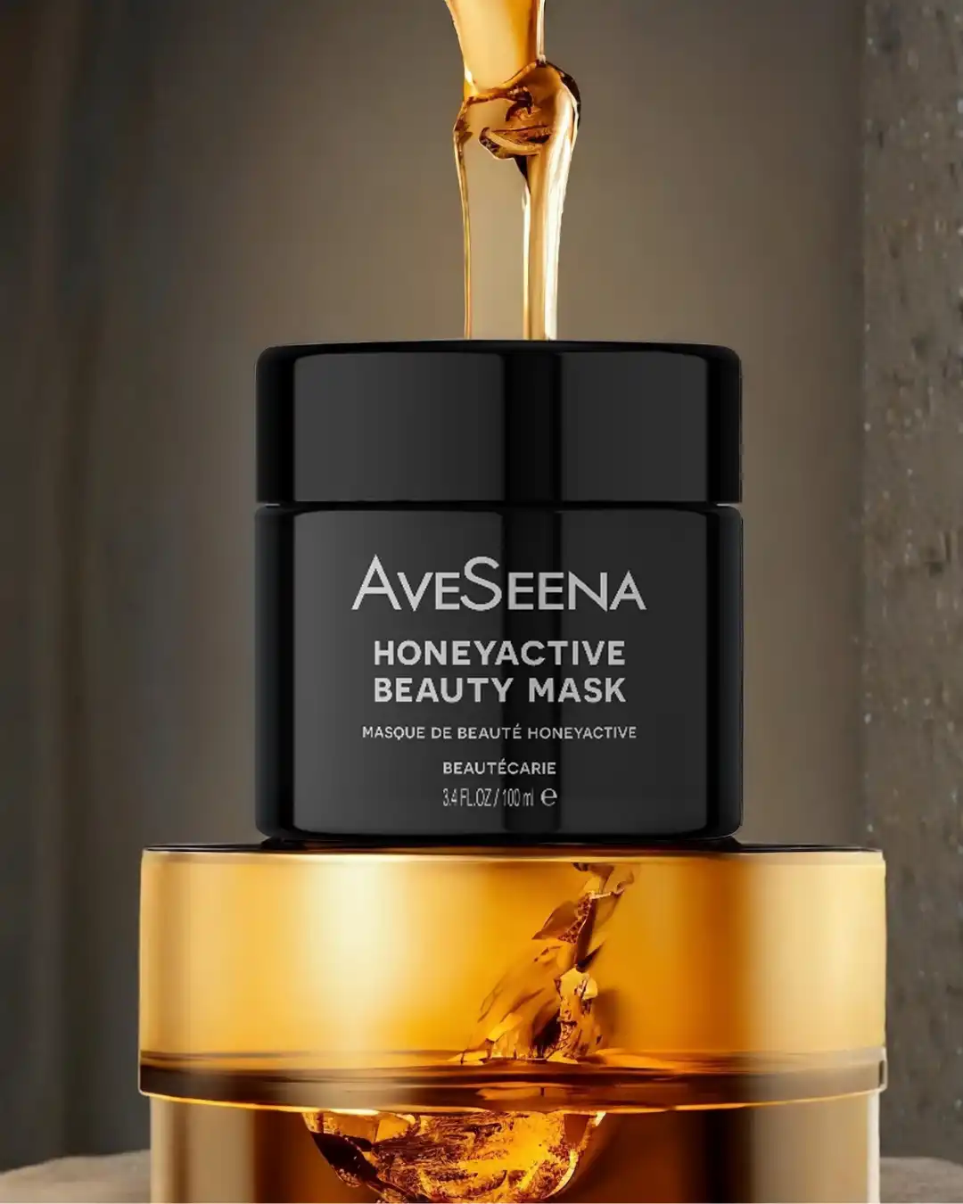 AveSeena Honeyactive Beauty Mask 3.4 FL OZ jar with pure golden honey dripping, luxury black packaging, Eastern European honey-based purifying mask for clear blackheads and inflammaging sign treatment by Beautecarie