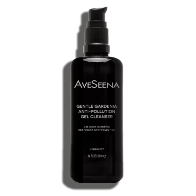aveseena award winning safe seal AveSeena Gentle Gardenia Anti-Pollution Gel Cleanser in a sleek black bottle with pump, showcasing visible benefits for cleansing impurities and promoting a luminous complexion.
