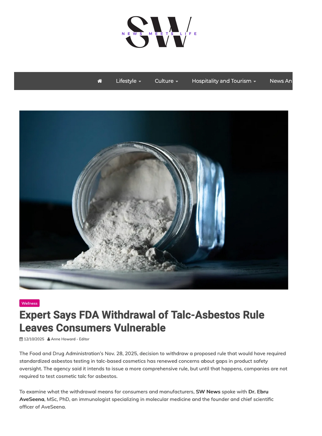 SW-2 2025 SW magazine talc fda cosmetic design skincare article featured press