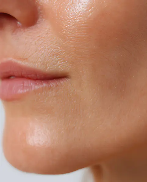Close-up of a person's cheek and lips, highlighting smooth, slightly textured younger looking skin with a natural, healthy glow. The tone is neutral and serene.