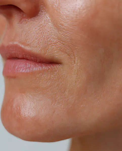 Close-up of the lower half of a woman's face, showing smooth lips and skin texture with fine lines, wrinkles, uneven surface and pores before using the cream. The lighting is soft, creating a natural tone.