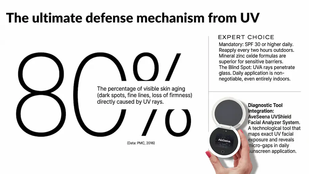 10-1 Graphic on UV protection with bold '80%' in large font, indicating percentage of visible skin aging caused by UV rays. Text advises using SPF 30 or higher daily, noting UVA penetration through glass. Image includes a hand holding a facial analysis tool by AveSeena for UV exposure detection.