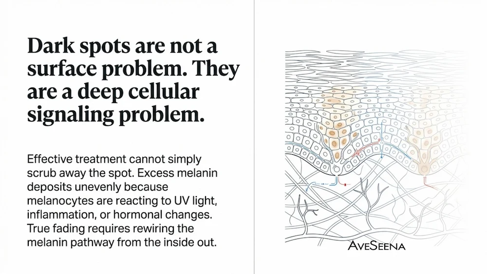 Infographic showing niacinamide mechanism and 25% reduction in the appearance of dark spot size over 8 weeks in a double-blind clinical study