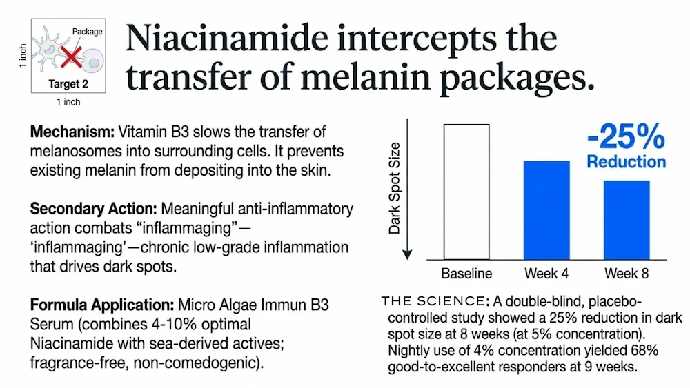 Illustration showing skin layers with melanin in the epidermis — explaining why dark spots are a deep cellular issue involving melanocytes