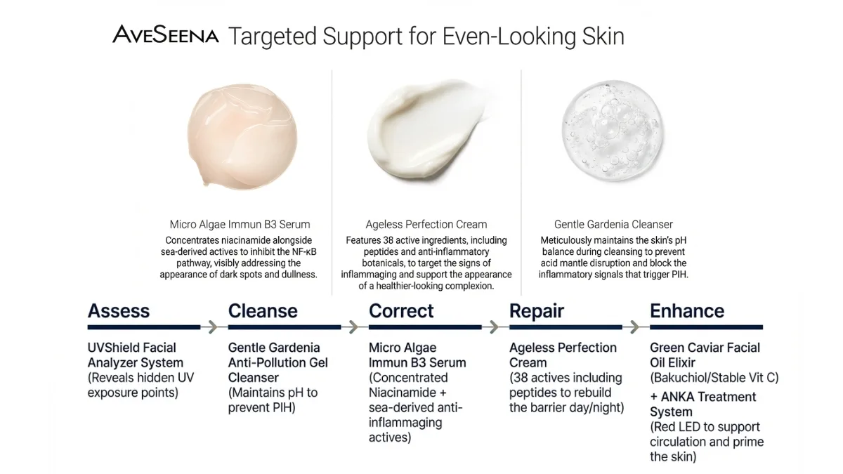 22-1 AveSeena skincare infographic detailing products for even-looking skin. Includes descriptions of Micro Algae Immun B3 Serum, Ageless Perfection Cream, and Gentle Gardenia Cleanser. Steps outlined: Assess, Cleanse, Correct, Repair, Enhance, with corresponding products and benefits.