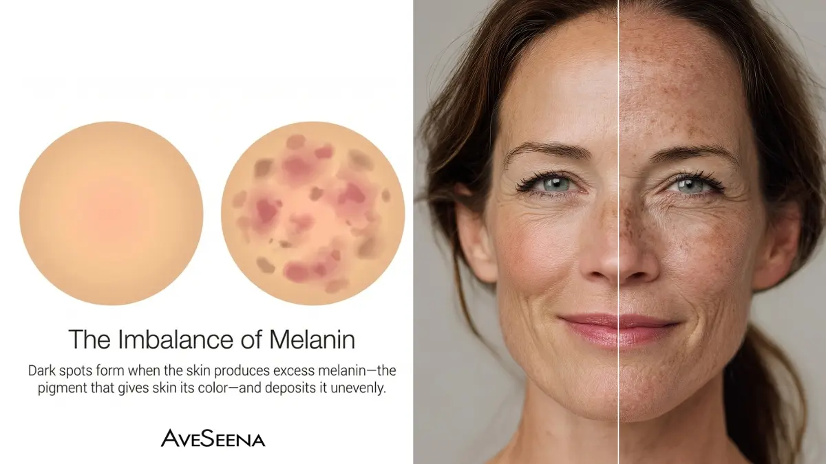 23-2 Split image comparing melanin imbalance. Left: Diagram shows even vs. uneven skin tone spots during menopause. Right: Woman's face, half natural, half with dark spots.