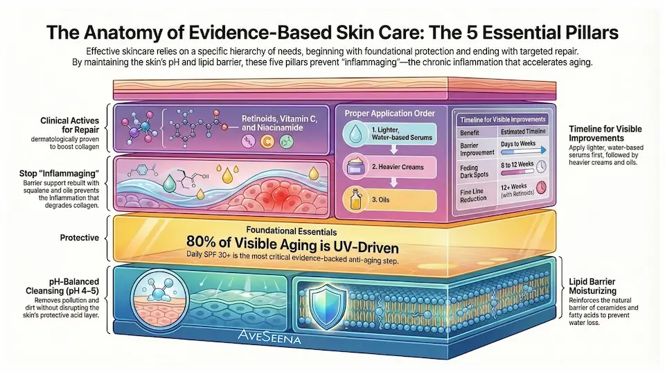 5 skincare Diagram illustrating the five pillars of evidence-based skincare, including active repair agents, inflammation control, protection with SPF, pH-balanced cleansing, and lipid barrier moisturizing. Highlighted skincare steps and timelines emphasize reducing aging effects.