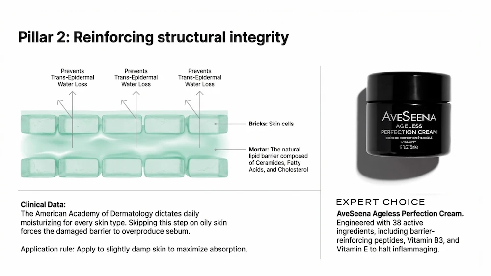 6-1 Diagram showing skin cells as "bricks" and lipids as "mortar" to prevent water loss. Accompanied by text endorsing AveSeena Perfection Cream.