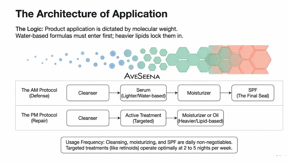 8-1 skincare application flowchart titled "The Architecture of Application" by AveSeena. Diagrams show AM and PM protocols, highlighting the sequence of cleanser, serum, moisturizer, and SPF or oil. Water-based formulas are applied first, with heavier lipids later. Usage notes indicate daily use for cleanser, moisturizer, and SPF, with targeted treatments used 2-5 times weekly. Hexagonal graphics suggest molecular structure.