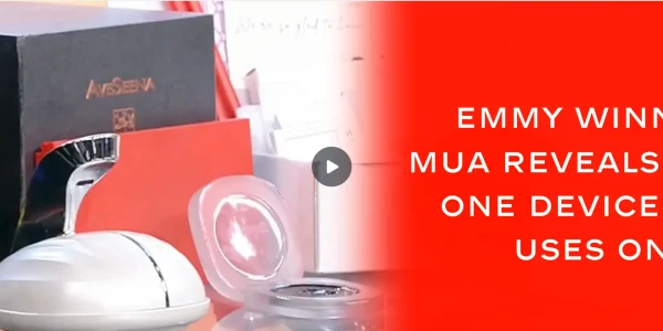 A beauty device set against a table with packaging. Text reads: "Emmy winning MUA reveals the one device she uses on all." Bold, promotional tone.