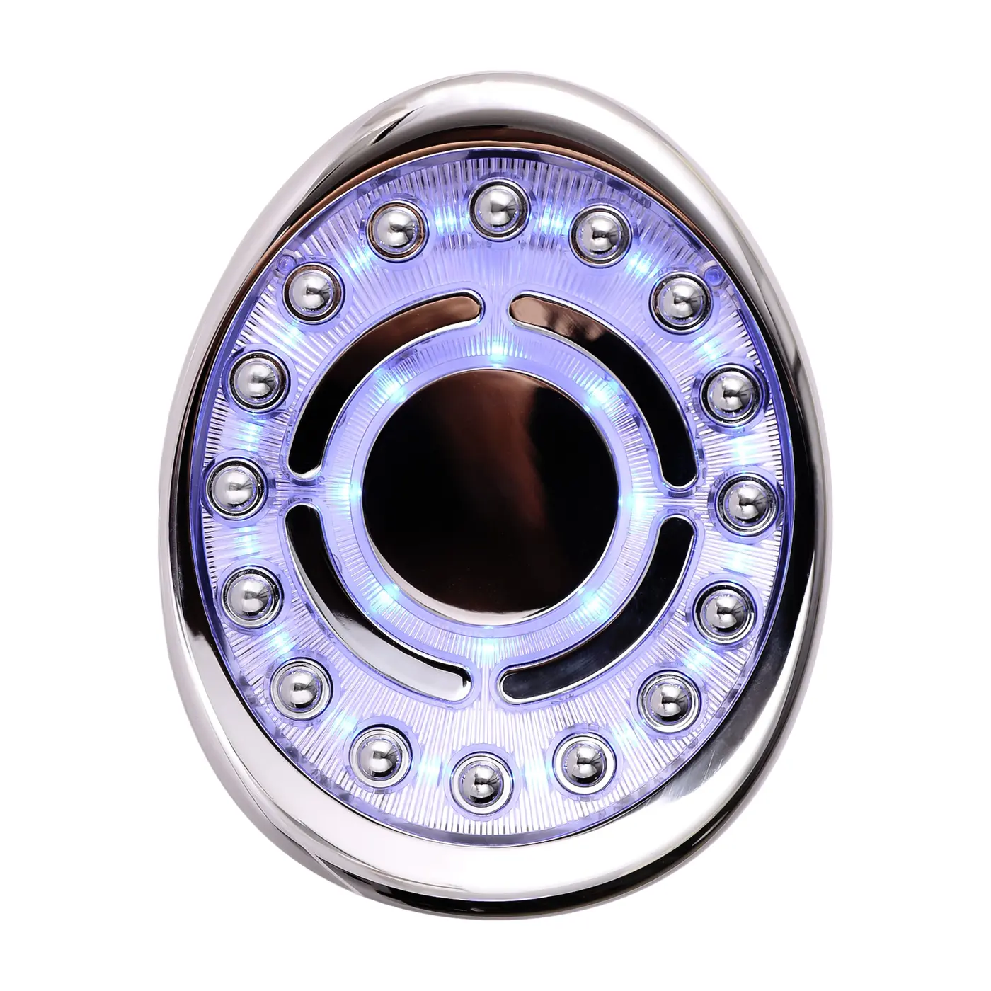 Blue LED beauty device with circular design and silver accents, featuring multiple LED lights for skincare treatment