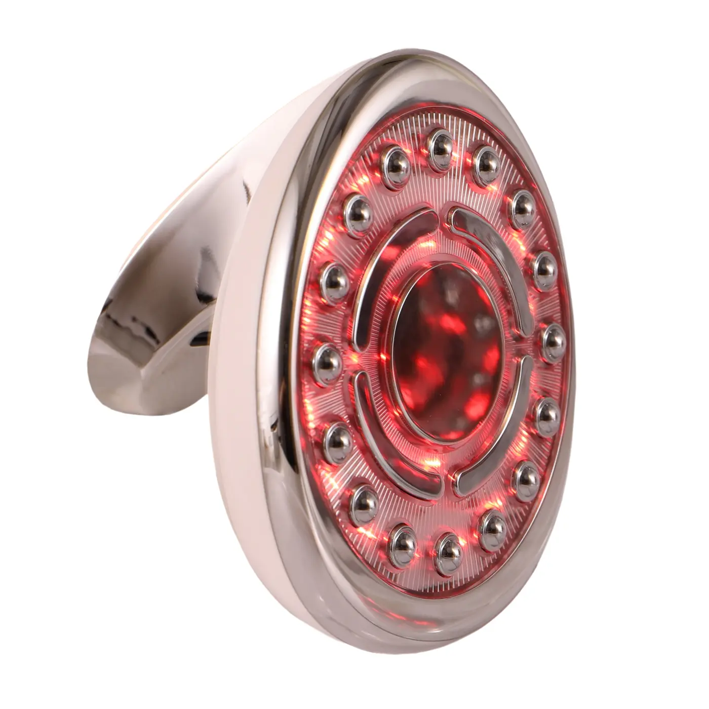 A futuristic silver handheld device with a circular red LED light pattern.