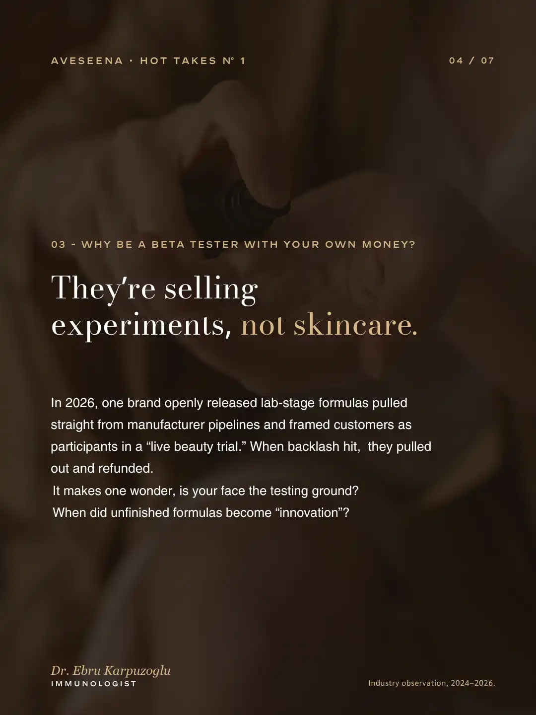 AveSeena editorial image on unfinished lab-stage skincare formulas