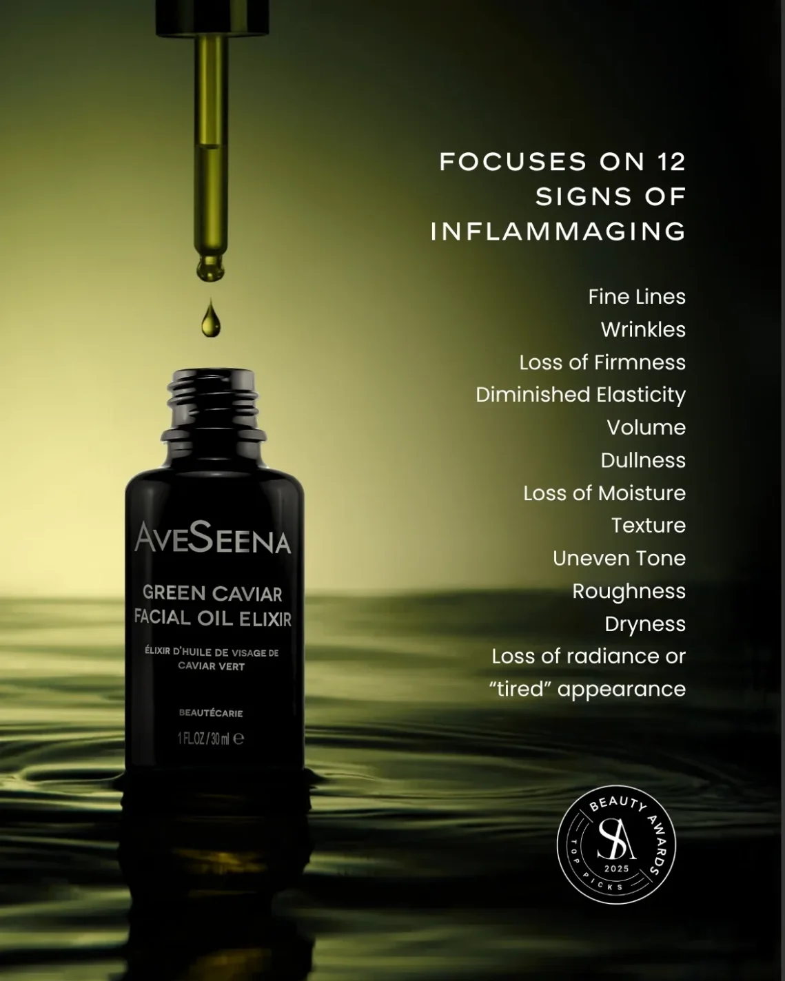 signs of inflammaging on skin infographic with black bottle