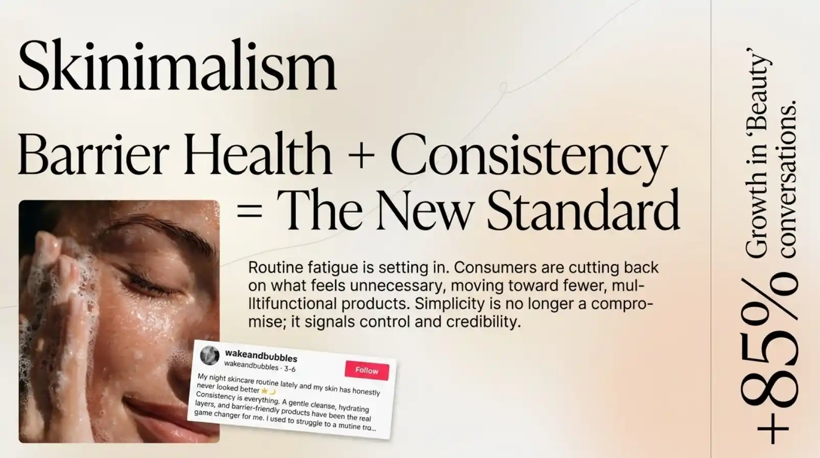 Skinimalism editorial: barrier health and consistency at +85%