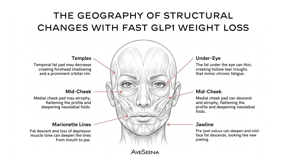 AveSeena editorial chart showing the Vanderbilt 2025 finding of approximately 7 percent midfacial volume loss per 10 kg of body weight on GLP-1 medications, alongside a 5-year cost comparison between clinical maintenance ($40,000-$75,000) and at-home routine ($1,500-$2,500)