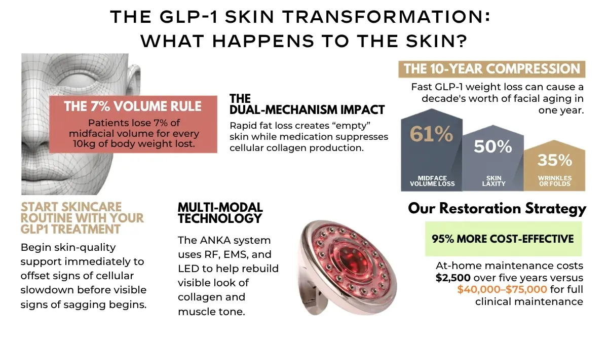 AveSeena editorial illustration: the geography of structural changes with fast GLP-1 weight loss, mapping the five facial zones most affected — temples (forehead shadowing), mid-cheek (flattened profile, deepening nasolabial folds), under-eye (hollow tear troughs), marionette lines (deepening from mouth to jaw), and jawline (pre-jowl sulcus deepening)
